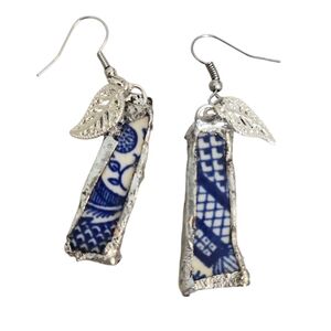 Blue Willow Ceramic Earrings Artisan Silver & Leaf